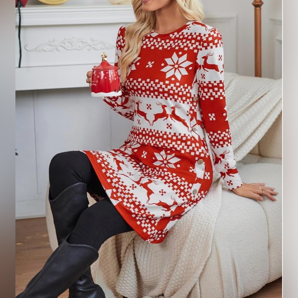 Women’s Red and White Reindeer Pattern Tunic/Dress, Size Medium, New! - Picture 3 of 4